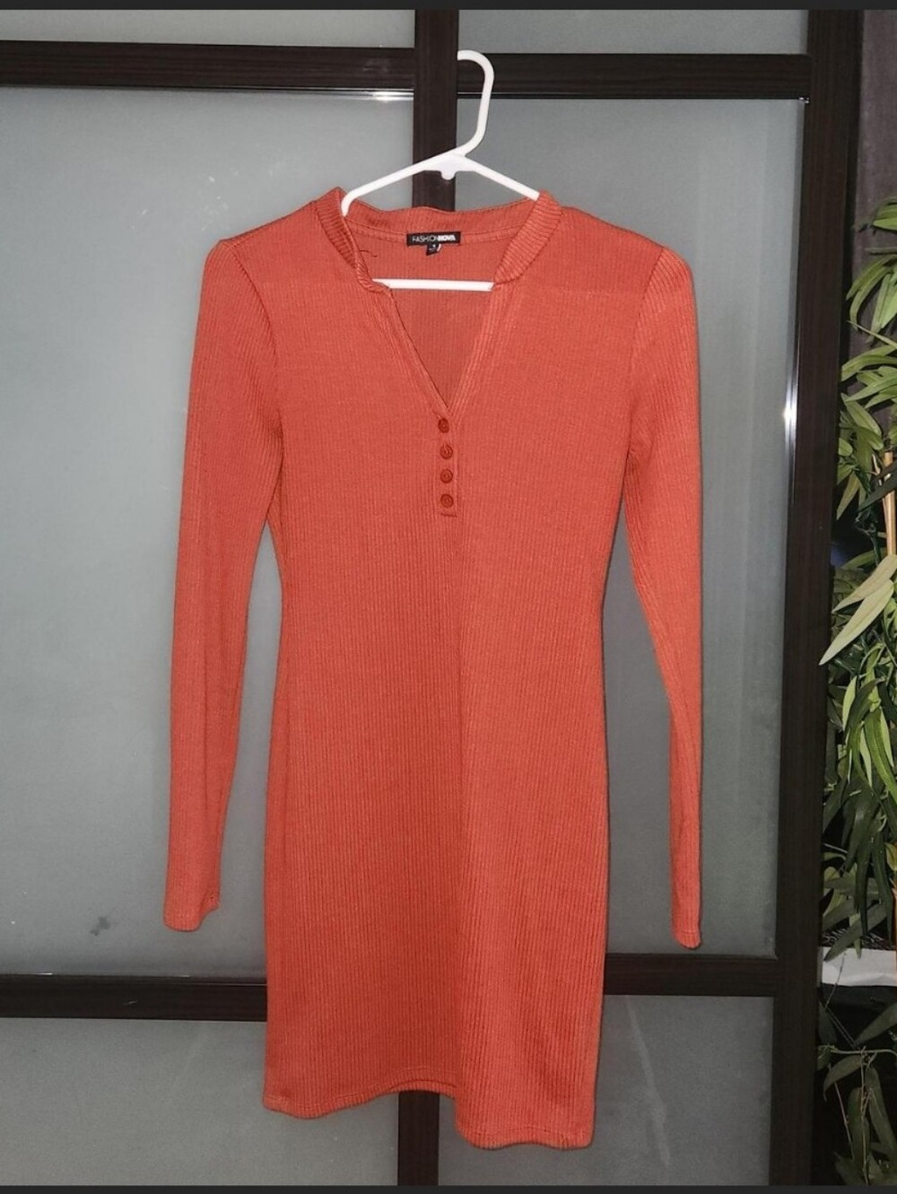 Fashion Nova Rust Orange Ribbed Long-Sleeve Button V-Neck Dress